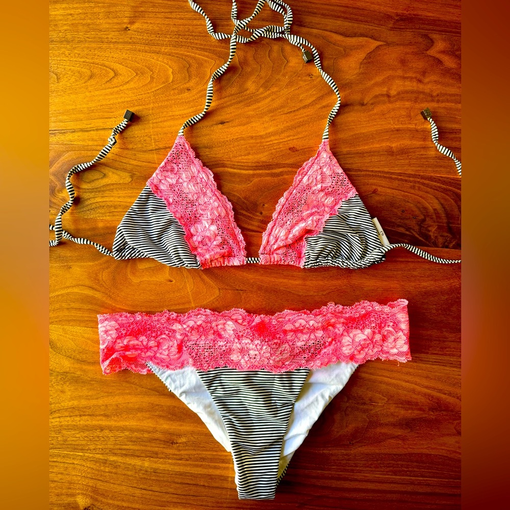 Beach Bunny Pink Lace & Black-White Stripe Triangle Bikini